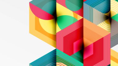 Soyut geometrik bileşim. Canlı renkler kesişiyor, katmanlı şekiller oluşturuyor. Modern tasarım ve dinamik görsel cazibe.