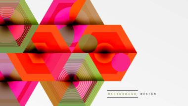 Soyut geometrik desen. Altıgenler örtüşür, canlı renkler dinamik bileşim yaratır. Modern tasarım elemanları.