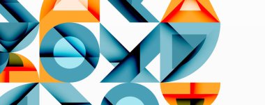 Numaralar, şekiller, mavi, turuncu renkler içeren soyut geometrik tasarım. Modern kompozisyon, temiz çizgiler, minimalist estetik..