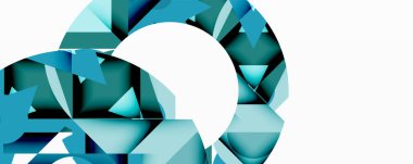 Soyut geometrik şekiller dairesel desen oluşturur. Mavi renkler baskın, parlak beyaz alanla zıt. Modern tasarım elemanları.