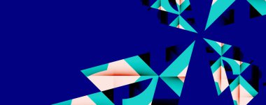 Soyut geometrik şekiller görüntüye hükmediyor. Teal, mercan renkleri koyu mavi arkaplanla tezat oluşturuyor. Modern tasarım dinamik enerjiyi çağrıştırıyor.