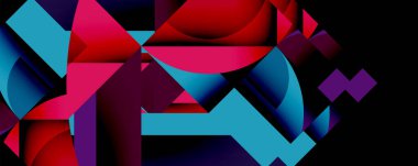 Soyut geometrik şekiller örtüşüyor, canlı renk eğimleri yaratıyor. Maviler, pembeler, kırmızılar pürüzsüz karışıyor. Modern tasarım, dinamik kompozisyon.