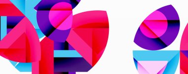 Soyut geometrik şekiller örtüşüyor, canlı renk kalıpları yaratıyor. Pembe, mor, Cyan baskın kompozisyon. Modern tasarım elemanları.
