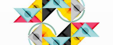 Soyut geometrik desen. Üçgenler, daireler simetrik tasarım oluşturarak örtüşüyor. Renkler sarı, pembe, gri, mavi. Minimalist stil.