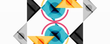 Soyut geometrik bileşim. Şekiller çakışıyor, dinamik görsel denge yaratıyor. Renkler arasında mavi, pembe, sarı, gri, siyah.