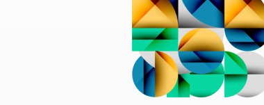 Soyut geometrik şekiller, canlı renkler, modern tasarım. Kompozisyonda üst üste binen daireler, üçgenler, kareler var. Temiz estetik, minimalist stil.