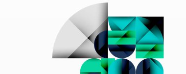 Soyut geometrik bileşim. Şekiller örtüşüyor, dinamik görsel ilgi yaratıyor. Teal, donanma, gümüş tonlar dizaynın hakimi. Minimalist estetik.