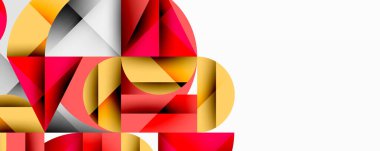 Soyut geometrik şekiller, canlı renkler, kırmızı, altın, beyaz. Modern tasarım, temiz çizgiler, dinamik kompozisyon, minimalist estetik.