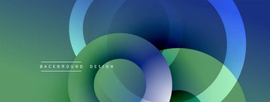 Soyut tasarım özellikleri üst üste binen daireler, gradyanlar. Yeşil, mavi renkler modern görsel efektler yaratır. Minimalist biçim, temiz sunum.
