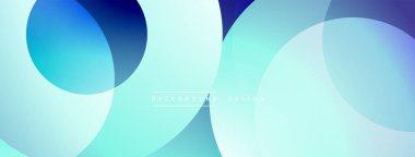 Soyut arkaplan özellikleri üst üste binen daireler, gradyanlar. Mavi, turkuaz renkler modern görsel efektler yaratır. Minimalist tasarım.