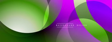 Soyut, enerjik bir arkaplan. Üst üste binen daireler dinamik görsel efekt yaratır. Yeşil, mor renkler kompozisyona hakim. Modern tasarım ögesi.