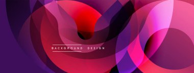Canlı örtüşen çemberler dinamik soyut arka plan oluşturur. Kırmızı, mor, pembe renkler kusursuz bir şekilde harmanlanır. Modern tasarım ögesi.