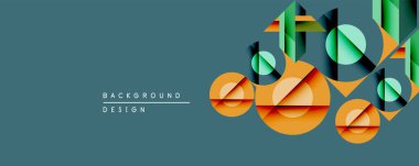 Soyut geometrik bileşim. Üst üste binen daireler, dikdörtgenler katmanlı etki yaratır. Teal arkaplanı sıcak turuncu ve yeşil renklerle tezat oluşturuyor. Modern tasarım ögesi.