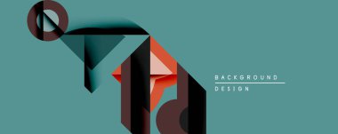 Soyut geometrik tasarım katmanlı şekiller, sessiz renkler içerir. Kompozisyon modern sanatı, minimalist estetiği çağrıştırıyor. Arkaplan gök mavisi, elementler kırmızı, gri, siyah.