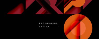 Soyut geometrik tasarım, üst üste binen şekiller, canlı turuncu, koyu kırmızı renkler ve siyah arka plan. Modern estetik, dinamik kompozisyon, dijital arkaplanlar için uygun.