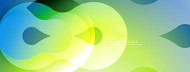 Soyut sıvı şekilleri örtüşür, parlak yeşil ve mavi renkler yaratır. Modern tasarım enerji, hareket, tazelik öneriyor.