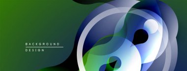 Soyut tasarım özellikleri üst üste binen şeffaf daireler. Yeşil, mavi renkler dinamik görsel efekt yaratır. Modern arkaplan ögesi.