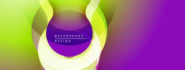 Soyut tasarım katmanlı daireler, canlı yeşil, mor renkler. Modern estetik, pürüzsüz gradyanlar dinamik görsel efekt yaratır.