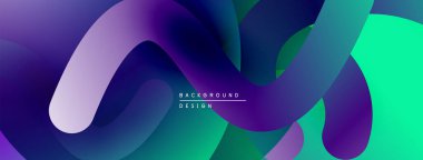 Soyut sıvı şekiller, canlı renklerin karışımı. Modern tasarım, pürüzsüz eğimler dinamik kompozisyon yaratır. Mor, yeşil renkler egemen.