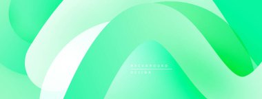 Soyut yeşil arkaplan. Düz eğriler dinamik, akışkan şekiller yaratır. Gradyan etkisi olan minimalist tasarım. Modern estetik.