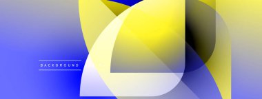 Soyut geometrik bileşim. Üst üste binen şekiller dinamik görsel efekt yaratır. Mavi, sarı gradyanlar dizaynın hakimi. Modern, temiz estetik.