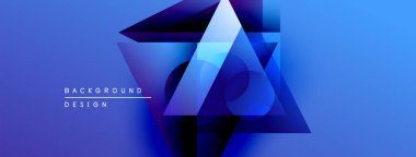 Soyut geometrik şekiller örtüşür, canlı mavi gradyan etki yaratır. Modern tasarım elementleri teknoloji ve yenilik öneriyor.