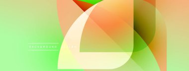 Soyut geometrik şekiller örtüşür, canlı gradyanlar yaratır. Açık yeşil arka planda baskın, turuncu aksanlar mevcut. Modern tasarım ögesi.
