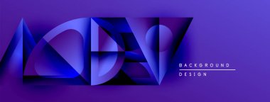 Soyut geometrik şekiller örtüşür, dinamik mor dizayn yaratır. Modern arkaplan özellikleri katmanlı biçimler, gölgeler, metin ögeleri.