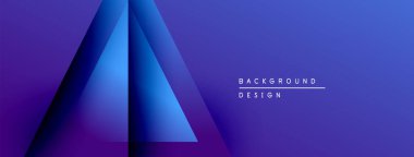 Soyut geometrik şekiller canlı mavi gradyan arkaplan oluşturur. Minimalist tasarım özellikleri katmanlı üçgenler, mevcut metin elemanları.