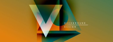 Soyut geometrik tasarım. Üst üste binen üçgenler canlı renk değişimleri yaratır. Metin elemanları ile modern arkaplan.