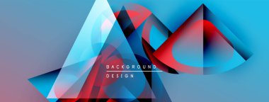 Soyut geometrik şekiller örtüşüyor, canlı mavi ve kırmızı renkler yaratıyor. Modern tasarım elementleri teknoloji ve yenilik öneriyor. Arkaplanda metin arkaplan tasarımı.