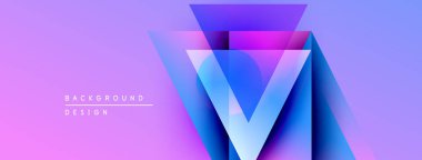 Soyut geometrik tasarım. Mor, mavi eğimli katmanlı üçgen şekiller yaratır. Modern estetik, canlı renkler, dijital çizimler.