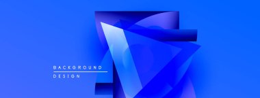 Soyut mavi tasarım katmanlı geometrik şekiller içerir. Renkler derinlik yaratır, modern estetik. Metin arkaplan tasarımı okur.