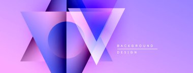 Soyut geometrik tasarım. Mor, mavi eğimli katmanlı üçgen şekiller yaratır. Sunumlar ve grafikler için modern arkaplan.