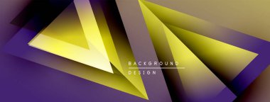 Soyut geometrik tasarım. Üst üste binen üçgenler dinamik görsel efekt yaratır. Mor, sarı renkler kompozisyona hakim. Modern estetik.