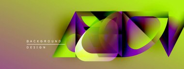 Soyut geometrik şekiller örtüşüyor, canlı renk eğimleri yaratıyor. Sarı, mor, morumsu, baskın tasarım. Modern estetik.