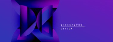 Soyut geometrik tasarım. Mor, mavi renkler katmanlı şekiller yaratır. Pankartlar ve sunumlar için modern arkaplan uygun.