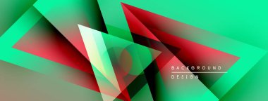 Soyut geometrik şekiller örtüşür, canlı gradyanlar yaratır. Yeşil, kırmızı, siyah renkler tasarımda baskın. Modern estetik.