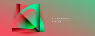 Soyut geometrik şekiller örtüşüyor, canlı renk eğimleri yaratıyor. Tasarım kırmızı, yeşil ve pembe renklere sahiptir. Minimalist biçim arkaplanı.