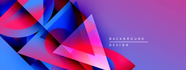 Soyut geometrik şekiller örtüşür, canlı gradyanlar yaratır. Mor, mavi, pembe renkler tasarımda baskın. Modern, dinamik kompozisyon.