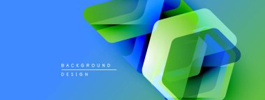 Soyut geometrik şekiller örtüşüyor, canlı mavi, yeşil katmanlar oluşturuyor. Modern tasarım elementleri yenilik ve teknoloji odaklanma öneriyor.
