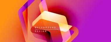 Soyut geometrik şekiller canlı turuncu, pembe ve mor renkleri harmanlarlar. Modern tasarım katmanlı yarı saydam formlar, metin elementleri.