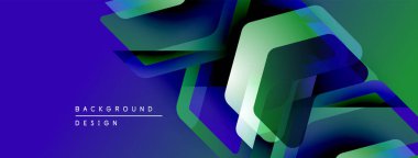 Soyut geometrik şekiller örtüşür, parlak mavi, yeşil eğimler yaratır. Modern tasarım elementleri teknoloji ve yenilik öneriyor.