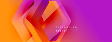 Soyut geometrik şekiller örtüşüyor, canlı turuncu, pembe, mor gradyan oluşturuyor. Arkaplan ve afişler için modern tasarım ögesi.