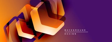 Soyut geometrik şekiller örtüşür, dinamik görsel efekt yaratır. Turuncu, mor renkler kompozisyona hakim. Modern tasarım ögesi.
