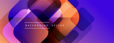 Soyut geometrik şekiller örtüşüyor, canlı renk eğimleri yaratıyor. Mor, turuncu, pembe renkler tasarımda baskın. Modern estetik.