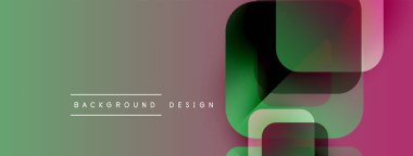 Soyut geometrik şekiller örtüşür, canlı bir gradyan arkaplan oluşturur. Yeşil, pembe renkler tasarıma hakim. Minimalist metin mevcut.