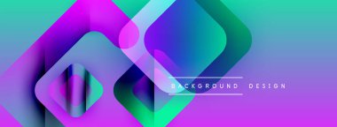 Soyut geometrik şekiller örtüşüyor, canlı renk eğimleri yaratıyor. Turkuaz, mor renkler modern estetik sunarak tasarıma hükmediyor.