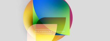 Soyut renkli şekiller çakışıyor. Gradyan renkler harmanlanarak, dinamik görsel efekt yaratır. Beyaz boşluk karşıtlık, basit metin sunar.