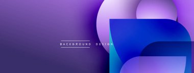 Soyut mor, mavi gradyanlar dinamik arkaplan oluşturur. Üst üste binen şekiller derinliği gösteriyor, modern tasarım estetiği. Metin arkaplan tasarımı okur.